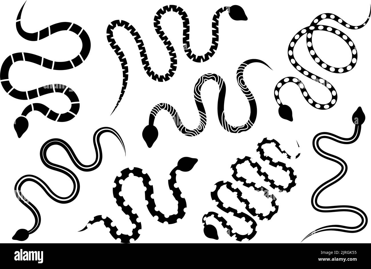 Black snakes silhouettes. Astrology symbol. Black snakes elements for tattoo design. Dangerous exotic rattlesnakes isolated on white background. Stock Vector
