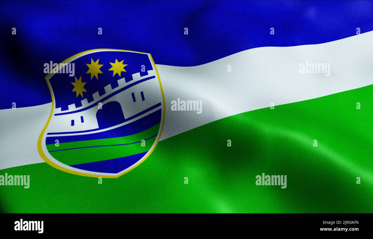 3D Waving Bosnia and Herzegovina Canton Flag of Una Sana Closeup View Stock Photo