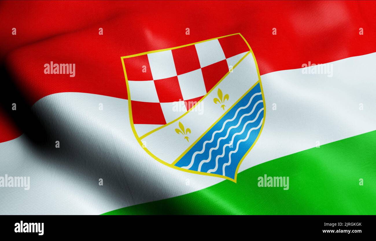 3D Waving Bosnia and Herzegovina Canton Flag of Posavina Closeup View Stock Photo