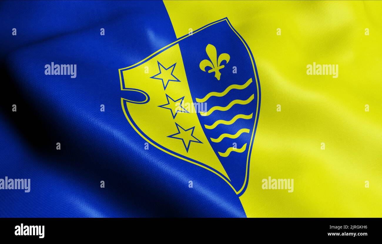 3D Waving Bosnian Podrinje Canton Gorazde Flag Stock Photo