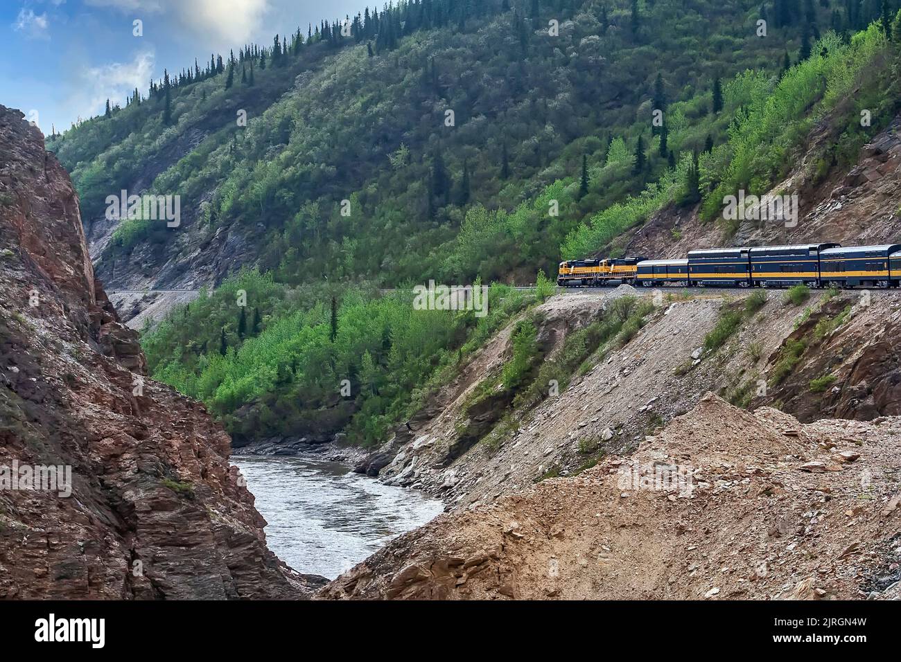 Train passing through the beautiful back country in Alaska Stock Photo