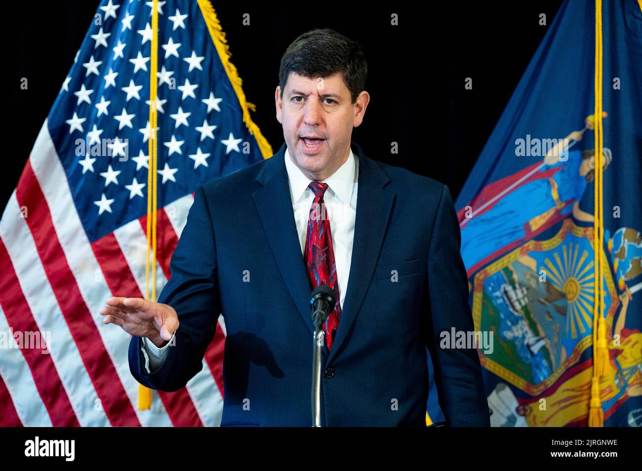 August 24, 2022, New York City, New York, United States: Bureau of Alcohol, Tobacco, Firearms and Explosives (ATF) Director STEVE DETTELBACH speaking at a meeting of the Task Force Against Illegal Guns held at the High Intensity Drug Trafficking Area (HIDTA) New York City Headquarters. (Credit Image: © Michael Brochstein/ZUMA Press Wire) Stock Photo