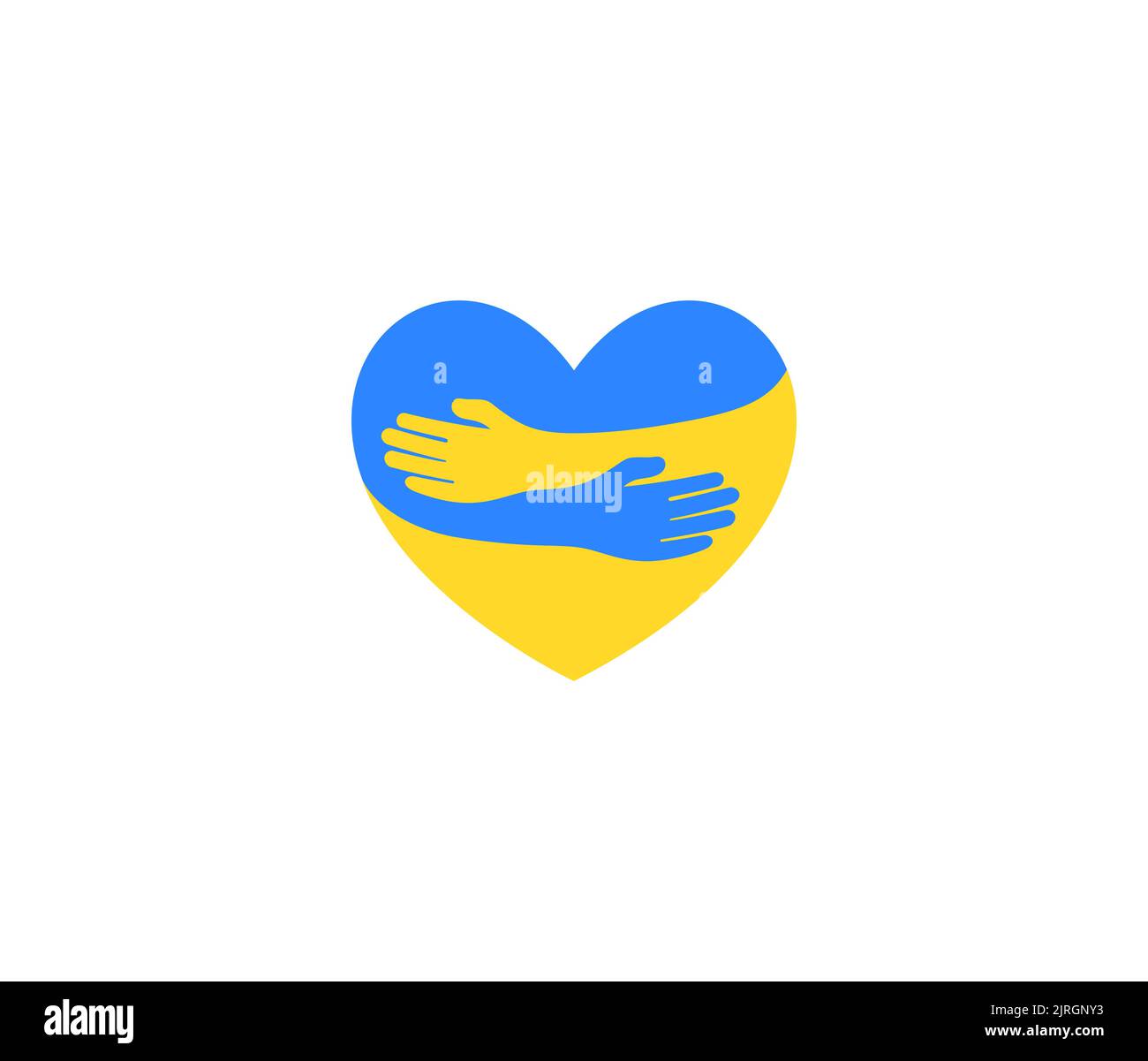 Heart flat shape with hands hugs in blue yellow Ukrainian flag colors logo. UA Care, love and support of Ukraine symbol. Vector illustration Stock Vector