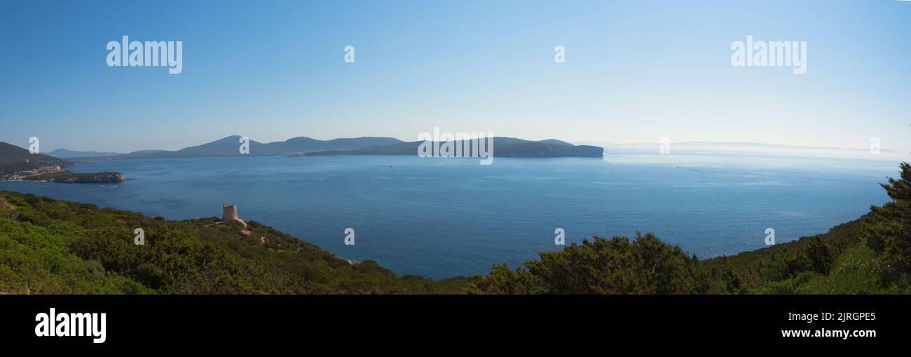 Alghero, Sassari , Italy; 3rd August 2022: Panoramic view of cape Cacia, Sardinia, Italy; from the top of a hill near Neptune's cave. Sunny midday wit Stock Photo