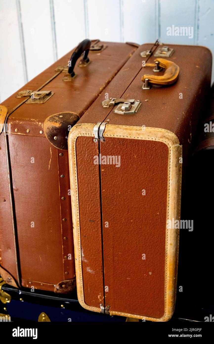 Old suitcases standing on luggage card. Ontario Canada Stock Photo