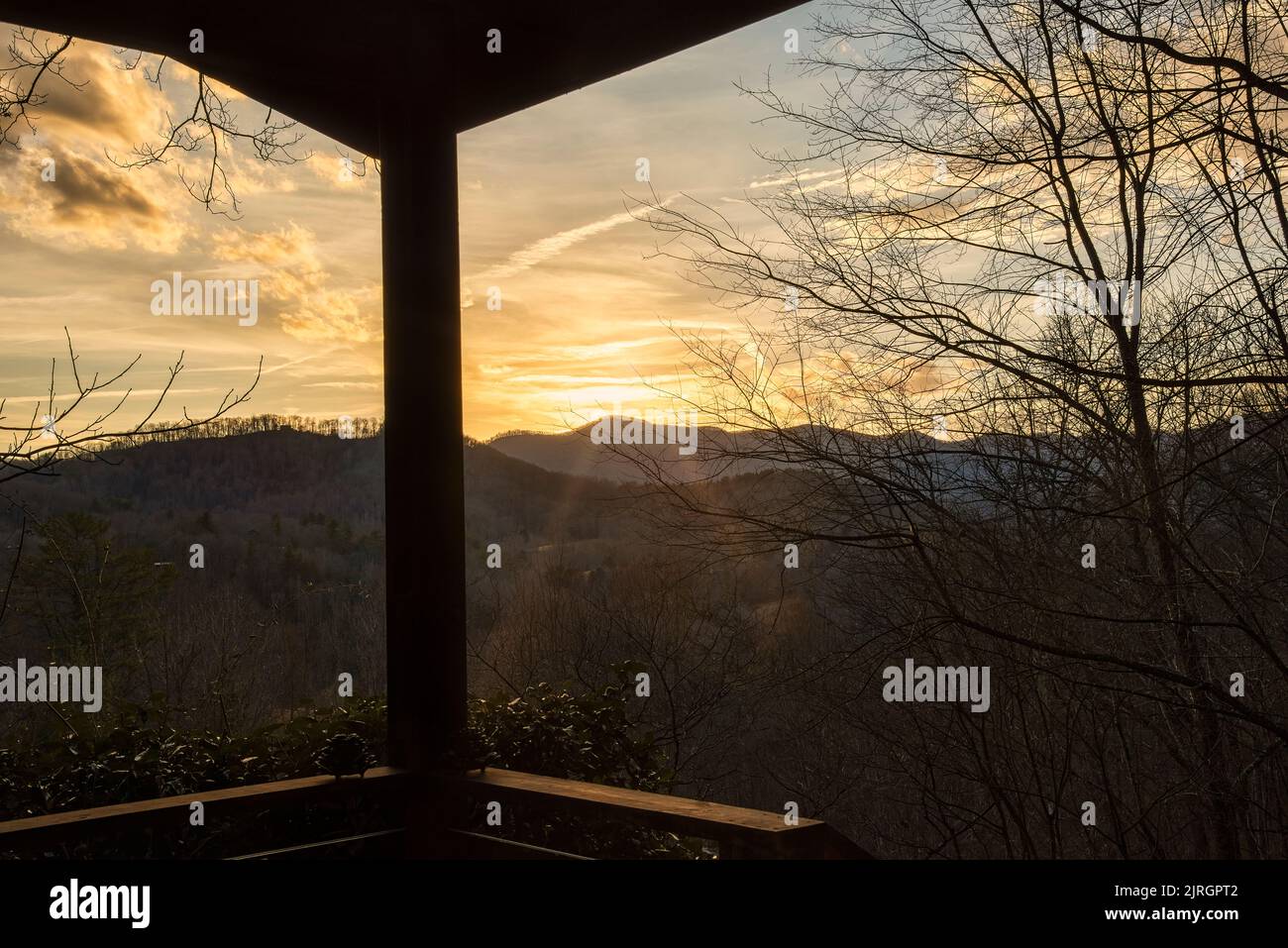 Sun setting over the Blue Ridge Mountains in western North Carolina Stock Photo