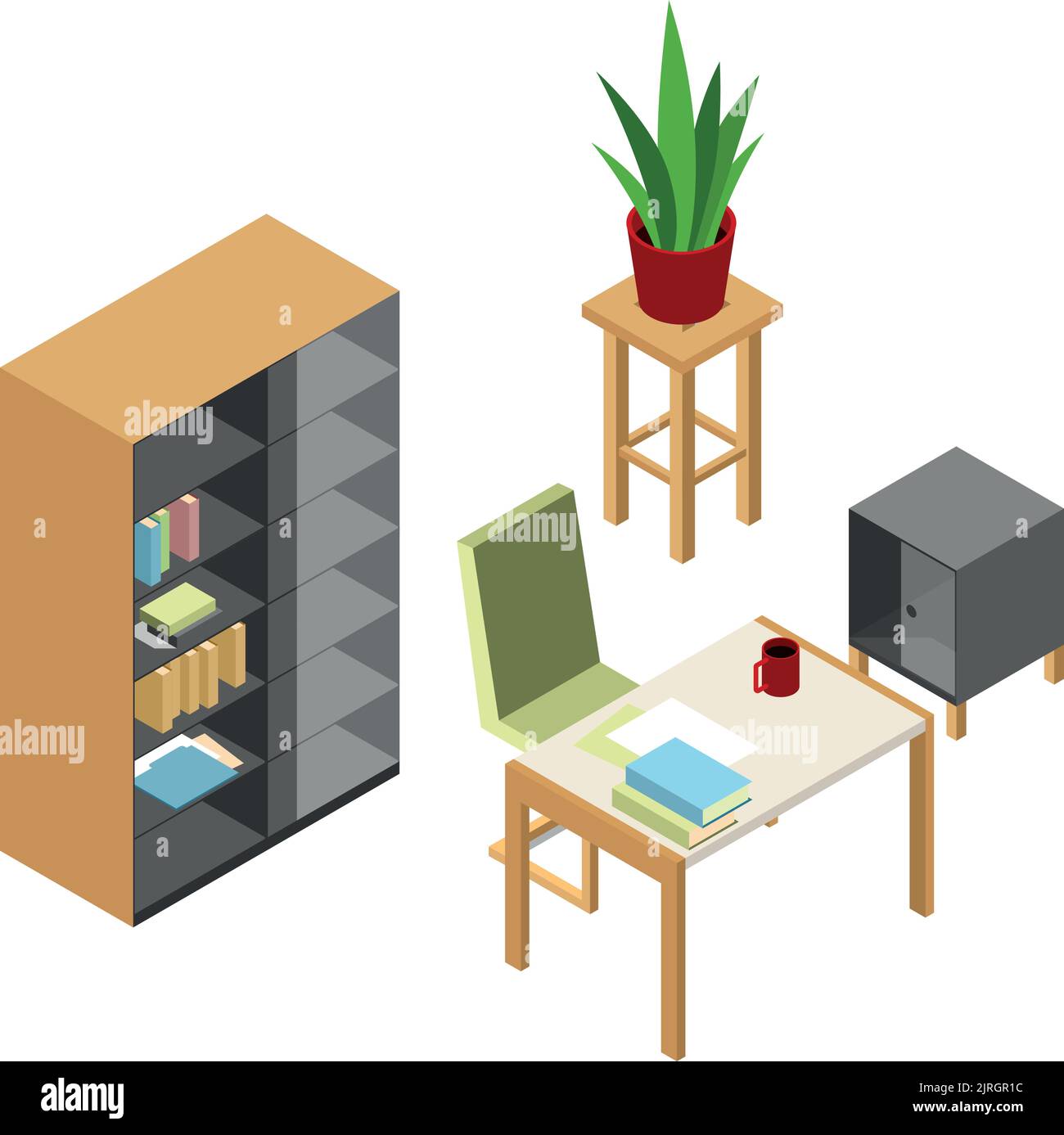 Isometric studying research workplace. Office work furniture Stock Vector