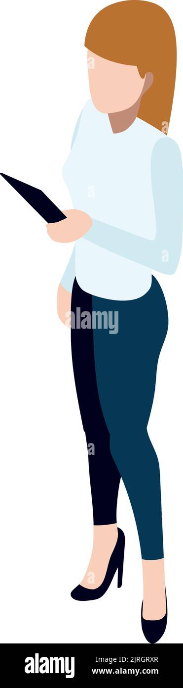Isometric woman with paper document. Female office worker Stock Vector