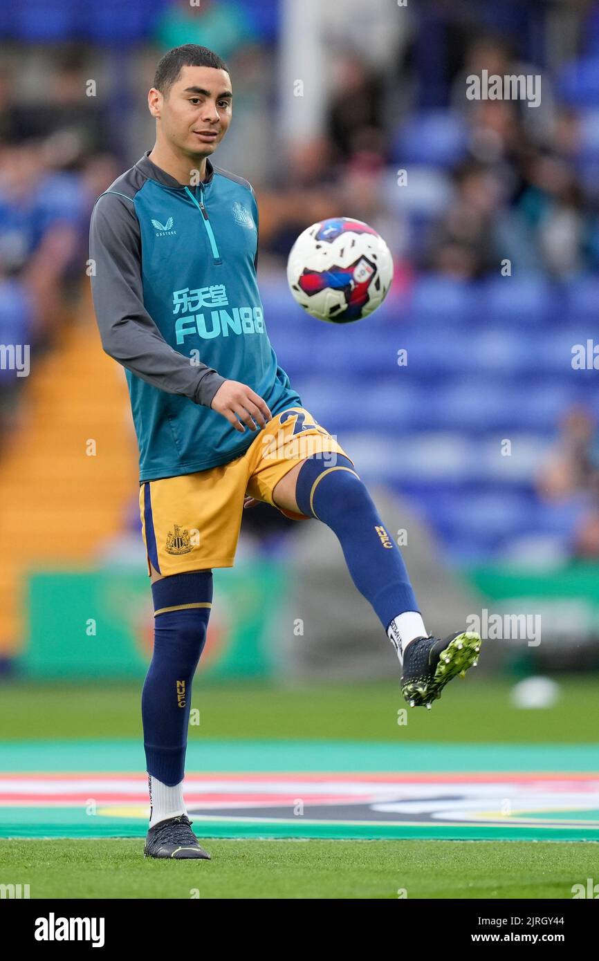 Birkenhead, UK. 24th Aug, 2022. Miguel Almir-n #24 of Newcastle United warms up before the game in Birkenhead, United Kingdom on 8/24/2022. (Photo by Steve Flynn/News Images/Sipa USA) Credit: Sipa USA/Alamy Live News Stock Photo