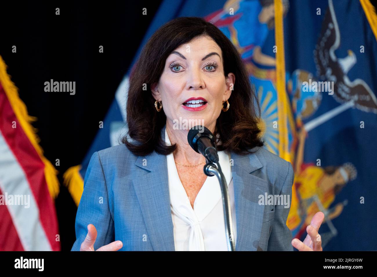 New York, United States. 24th Aug, 2022. New York State Governor Kathy Hochul (D) speaking at a meeting of the Task Force Against Illegal Guns held at the High Intensity Drug Trafficking Area (HIDTA) New York City Headquarters. Credit: SOPA Images Limited/Alamy Live News Stock Photo