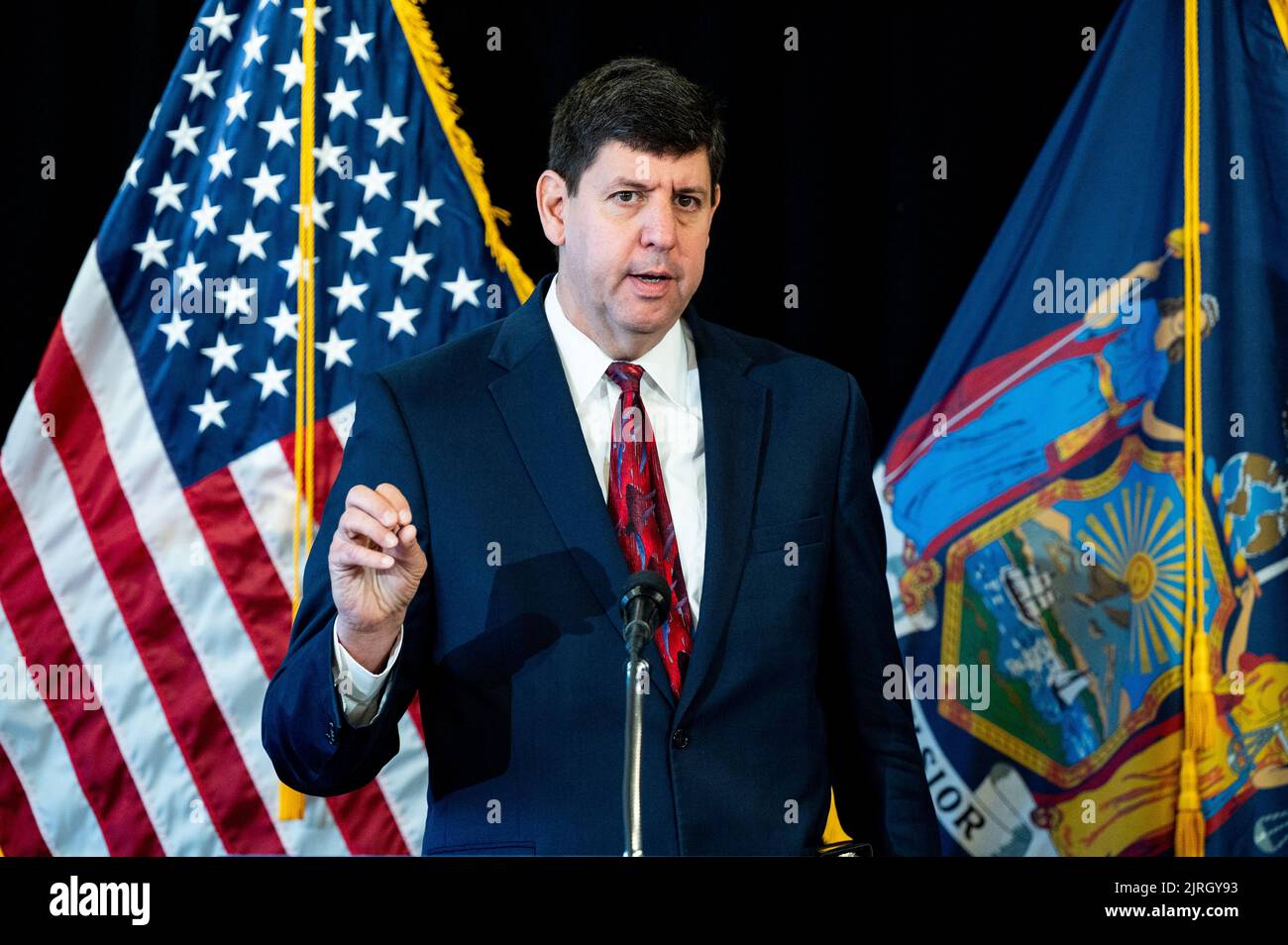 New York, United States. 24th Aug, 2022. Bureau of Alcohol, Tobacco, Firearms and Explosives (ATF) Director Steve Dettelbach speaking at a meeting of the Task Force Against Illegal Guns held at the High Intensity Drug Trafficking Area (HIDTA) New York City Headquarters. Credit: SOPA Images Limited/Alamy Live News Stock Photo