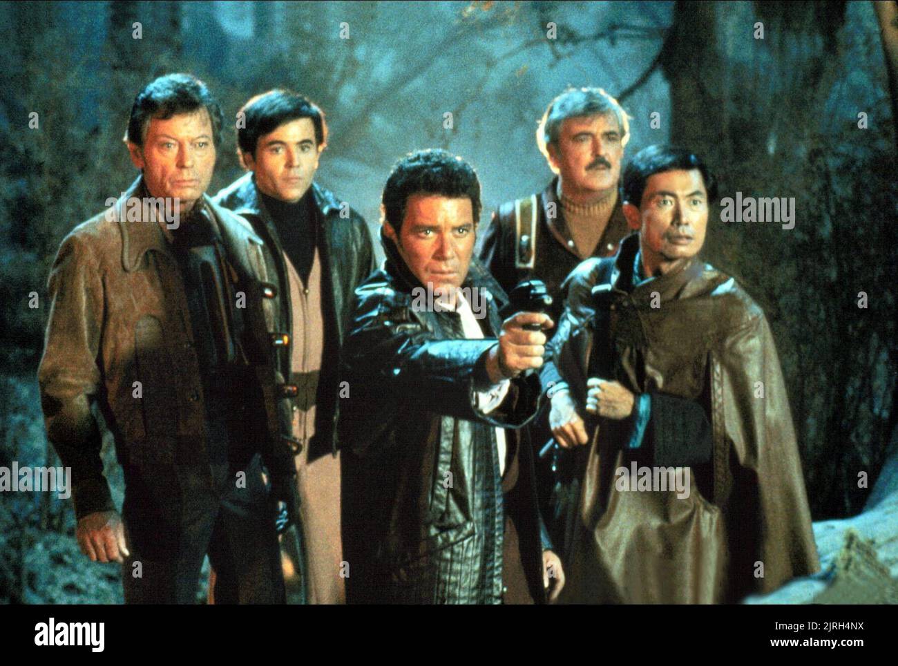 DEFOREST KELLEY, WALTER KOENIG, WILLIAM SHATNER, JAMES DOOHAN, GEORGE TAKEI, STAR TREK III: THE SEARCH FOR SPOCK, 1984 Stock Photo