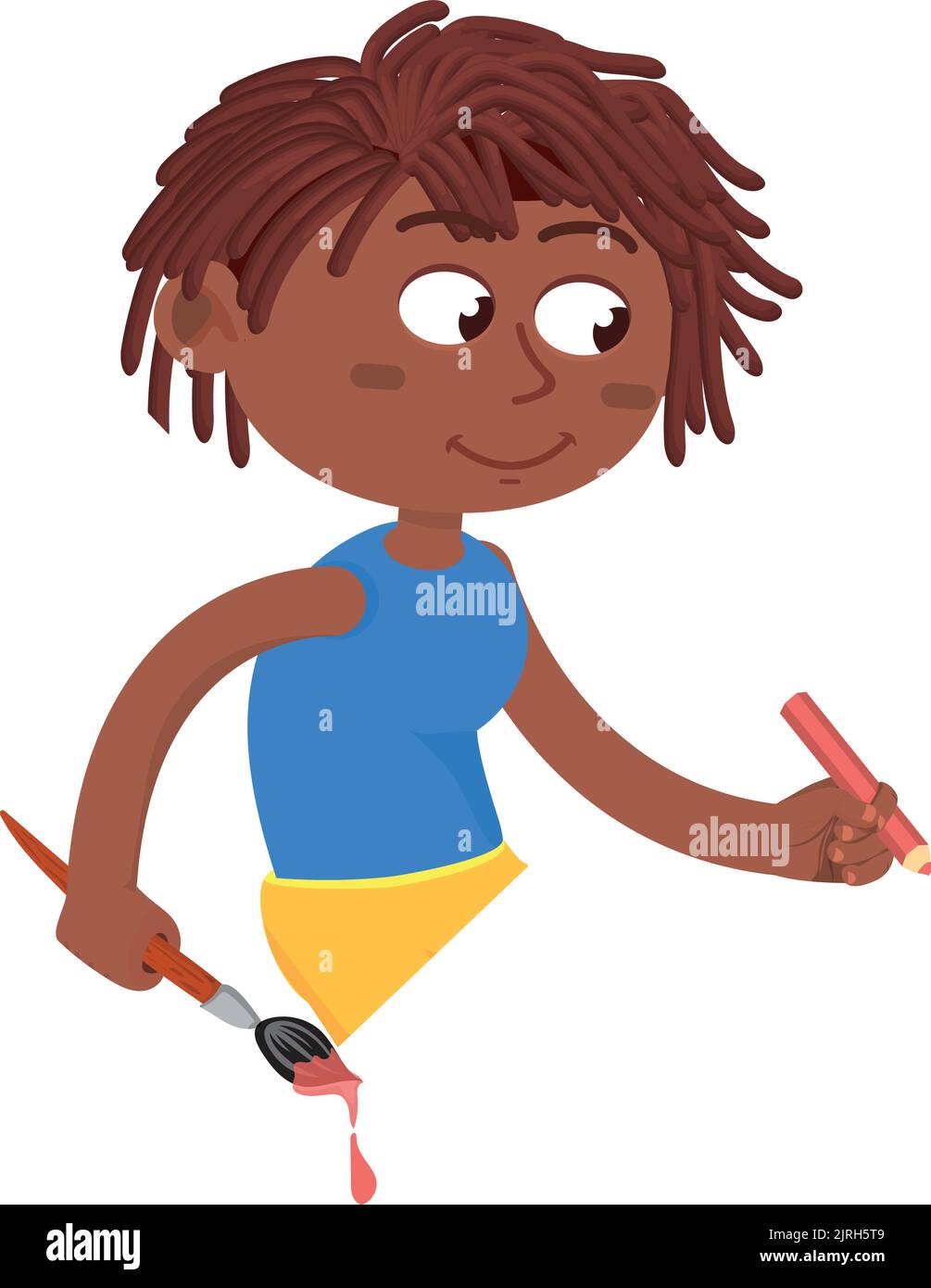 Creative black boy. Kid with color pencil and paint brush Stock Vector