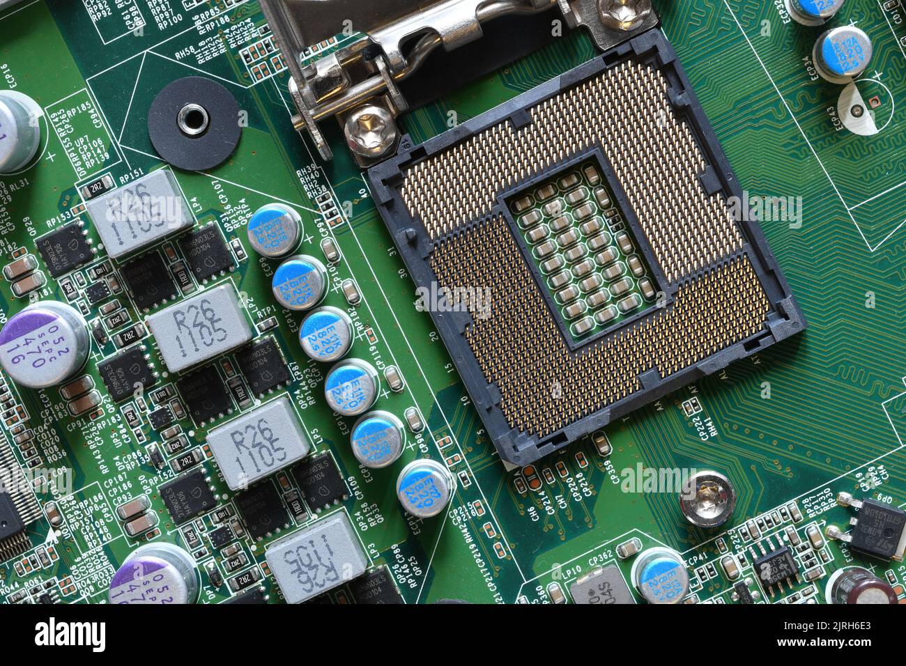 Detail of a CPU Socket on a Motherboard. Printed Circuit Board Computer Motherboard with