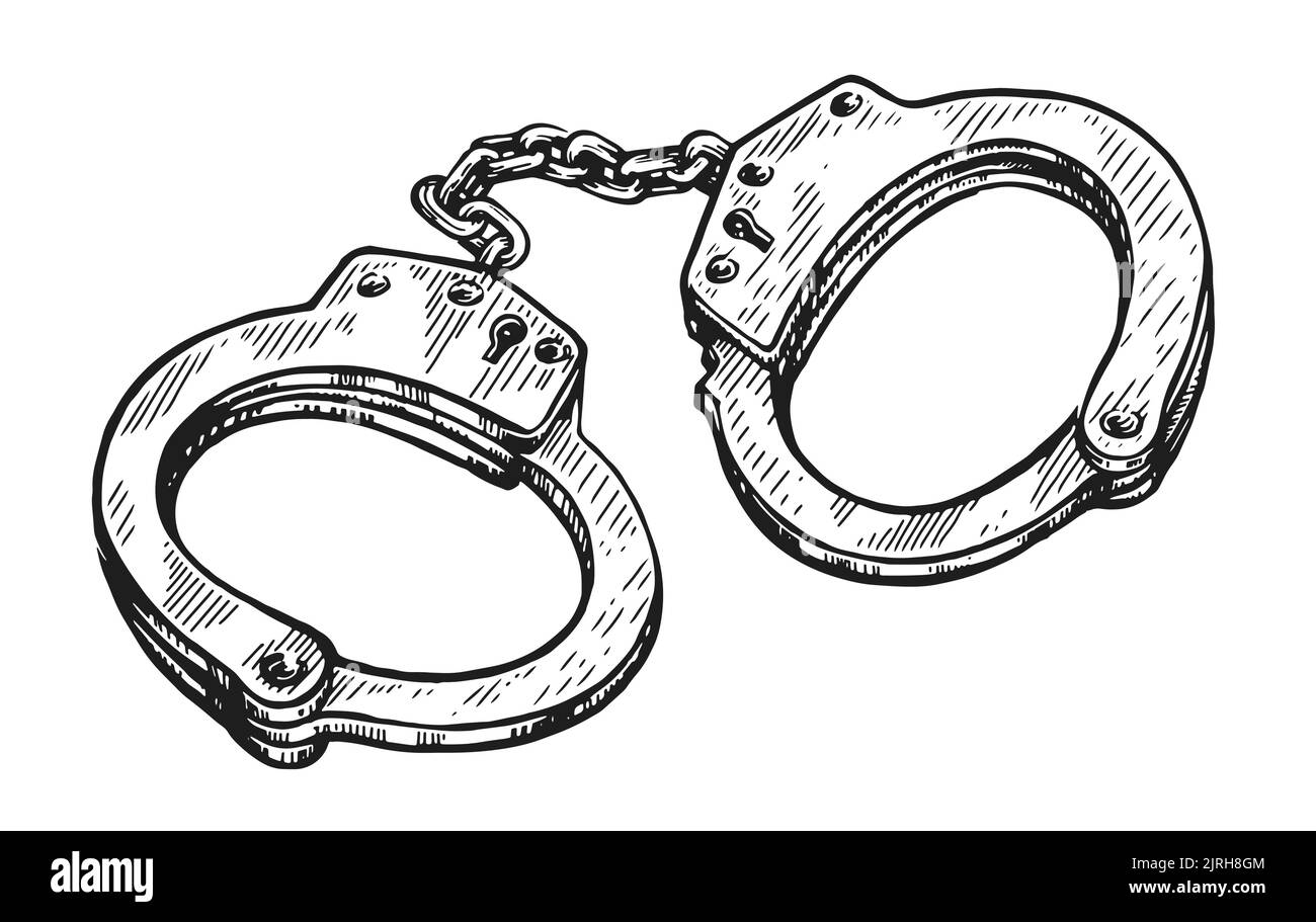 Closed prison handcuffs hand drawn sketch. Metal shackles, police arrest, justice concept. Vector illustration isolated Stock Vector