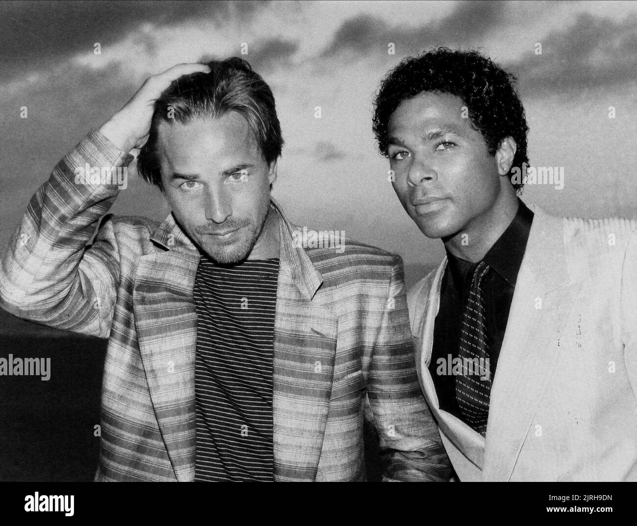 DON JOHNSON, PHILIP MICHAEL THOMAS, MIAMI VICE, 1984 Stock Photo