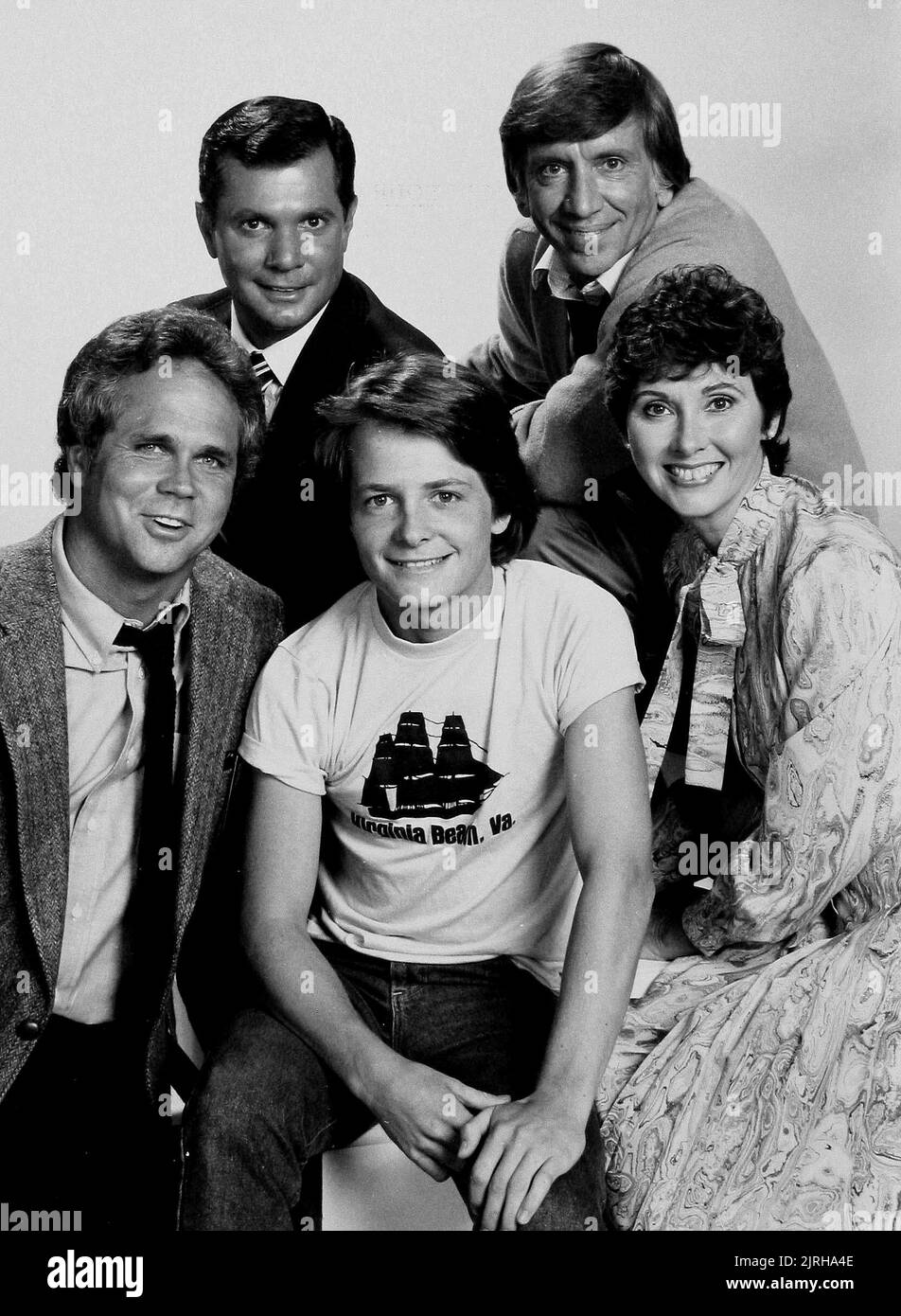 TONY DOW, DWAYNE HICKMAN, MICHAEL J. FOX, ELINOR DONAHUE, HIGH SCHOOL U.S.A., 1983 Stock Photo