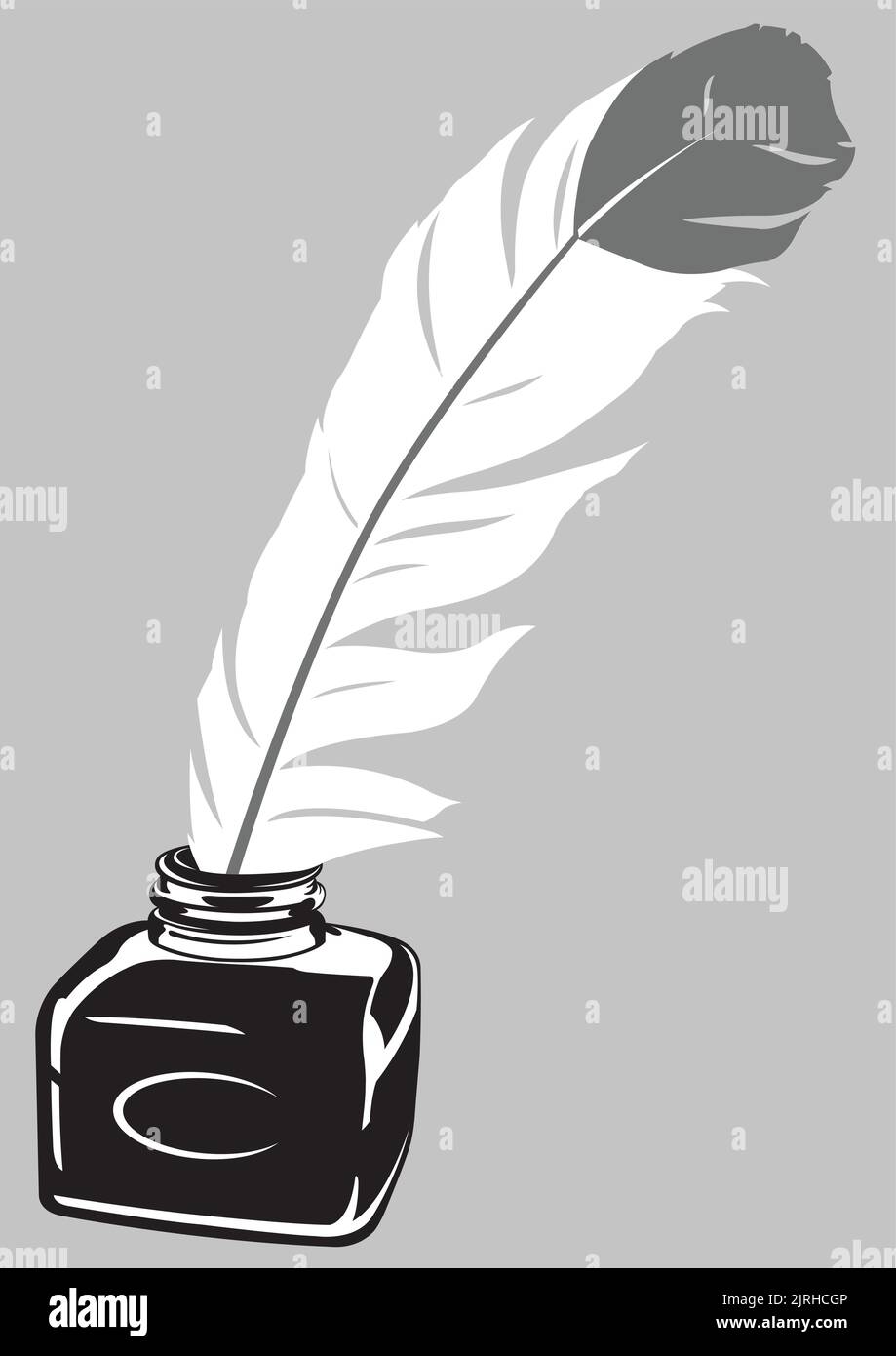 A graphic vector illustration of an ink quill pen and inkwell. Stock Vector