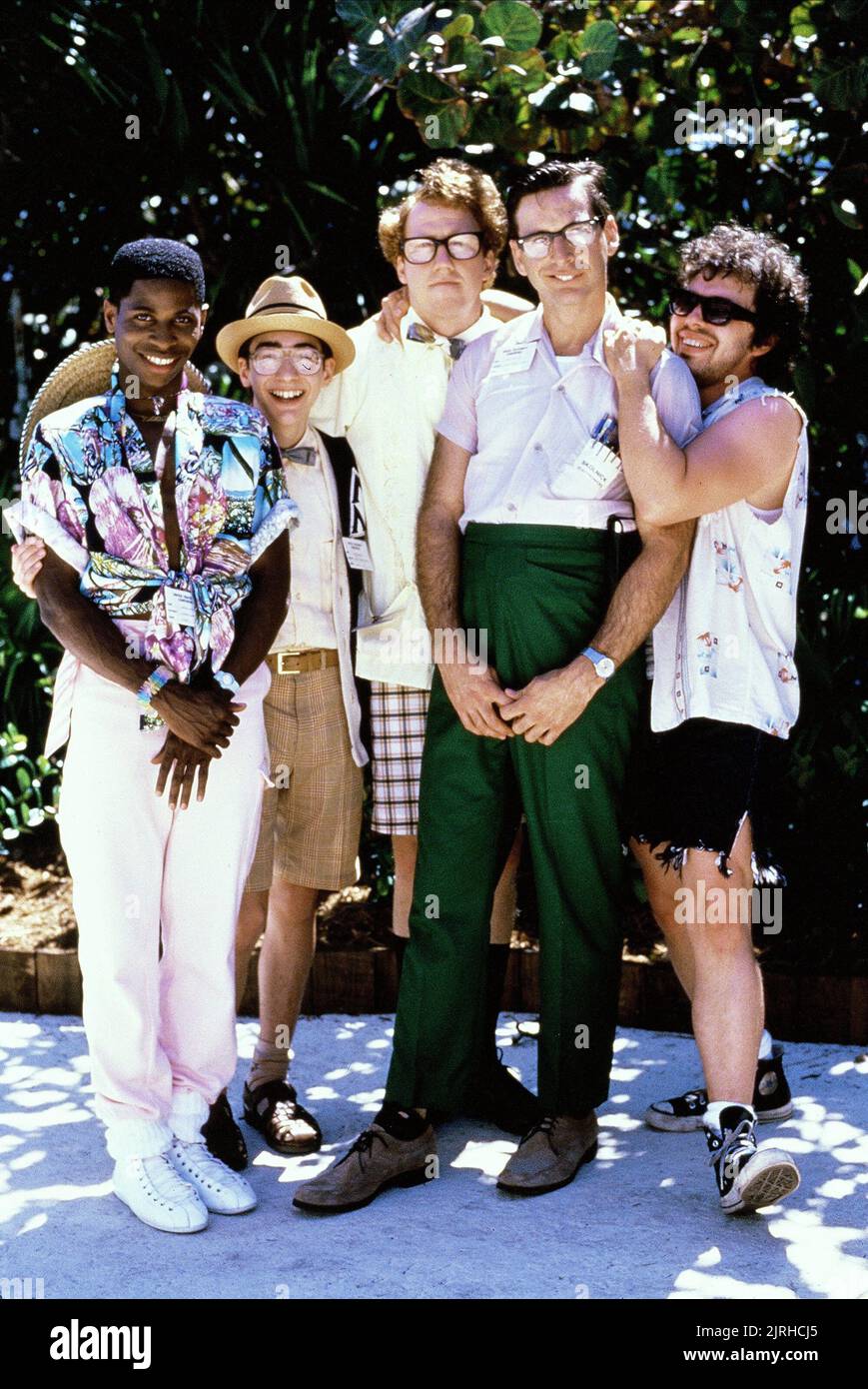 LARRY B. SCOTT, ANDREW CASSESE, TIMOTHY BUSFIELD, ROBERT CARRADINE, CURTIS ARMSTRONG, REVENGE OF THE NERDS II: NERDS IN PARADISE, 1987 Stock Photo