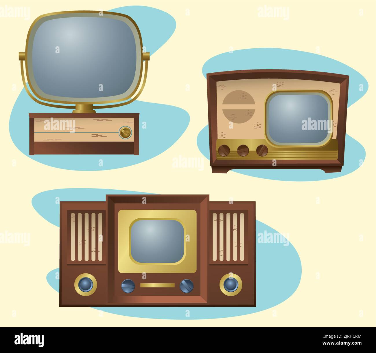 A set of graphic illustrations of vintage retro television sets. Stock Vector