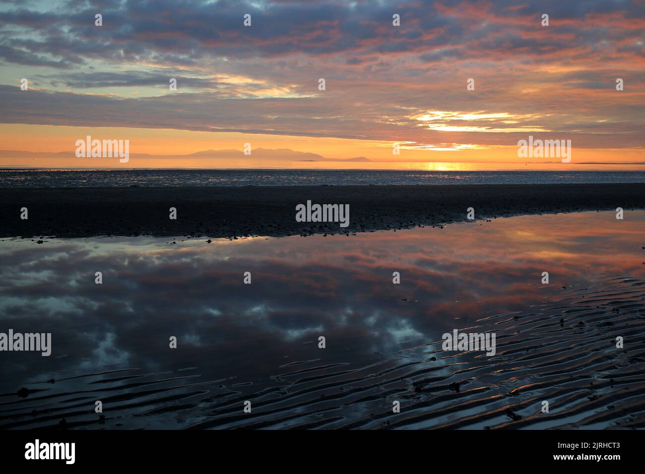 Prestwick, Ayrshire, Scotland, UK. The sun sets of the Firth of Clyde