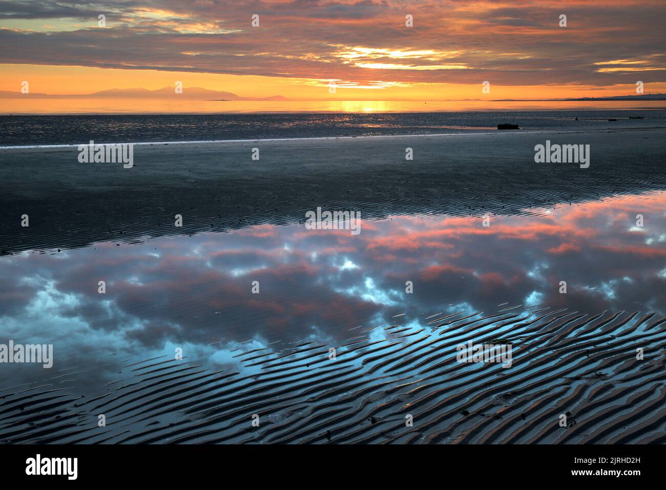 Prestwick, Ayrshire, Scotland, UK. The sun sets of the Firth of Clyde