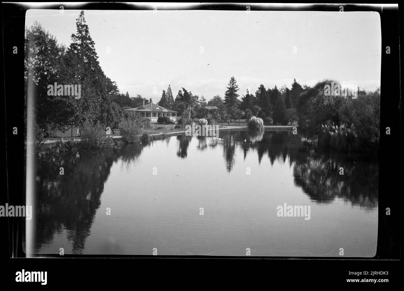 Coronation Hall tea kiosk and lake, Queen Elizabeth Park, Masterton