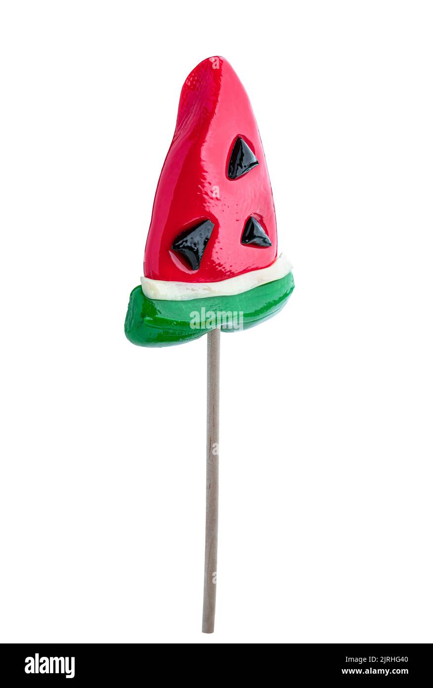 Fancy  watermelon lollipop on wooden stick isolated on white background Stock Photo