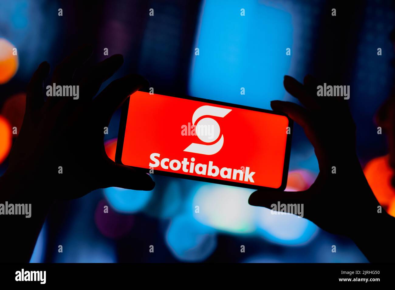 In this photo illustration, the Scotiabank logo is displayed on a