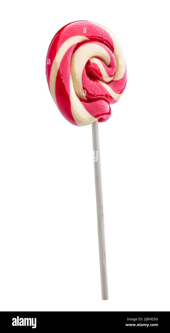Classic  twisted spiral red and white lollipop on wooden stick isolated Stock Photo