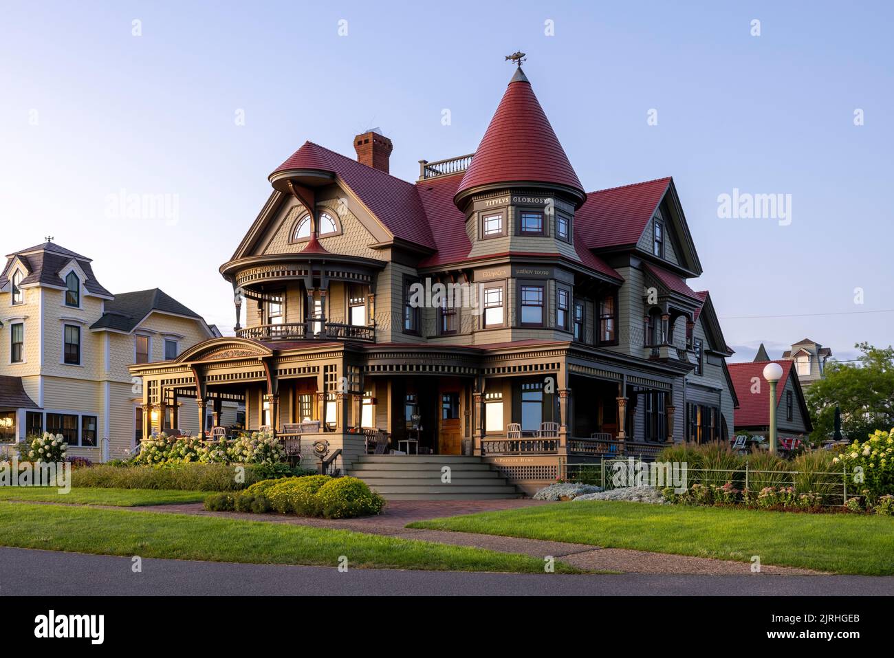 The Corbin-Norton house, originally built in the Queen Anne style in 1891, overlooks Ocean Park in Oak Bluffs, Massachusetts on Martha's Vineyard. Stock Photo