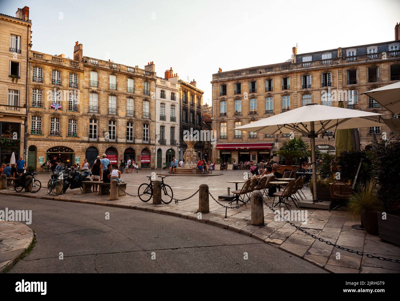 Bordeaux, France - July, 17: View of the Parliament Square or Place du Parlement. Historic square featuring an ornate fountain, cafes and restaurants Stock Photo