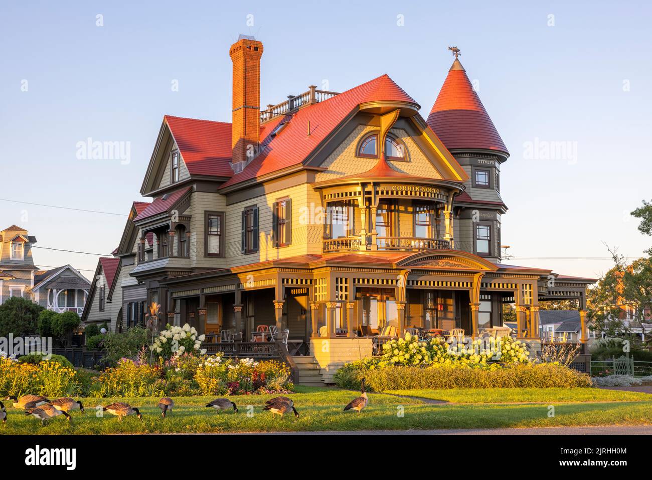 The Corbin-Norton house, originally built in the Queen Anne style in 1891,  overlooks Ocean Park in Oak Bluff, Massachusetts on Martha's Vineyard. Stock Photo