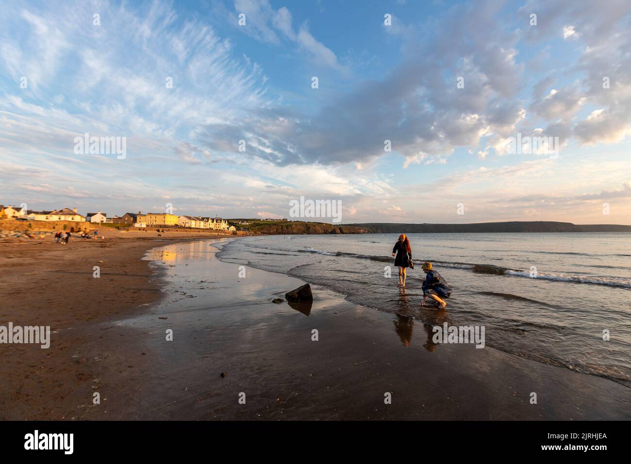 Broad Haven beach at sunset, Broad Haven, seaside resort  St Bride's Bay, Pembrokeshire, Wales, UK Stock Photo