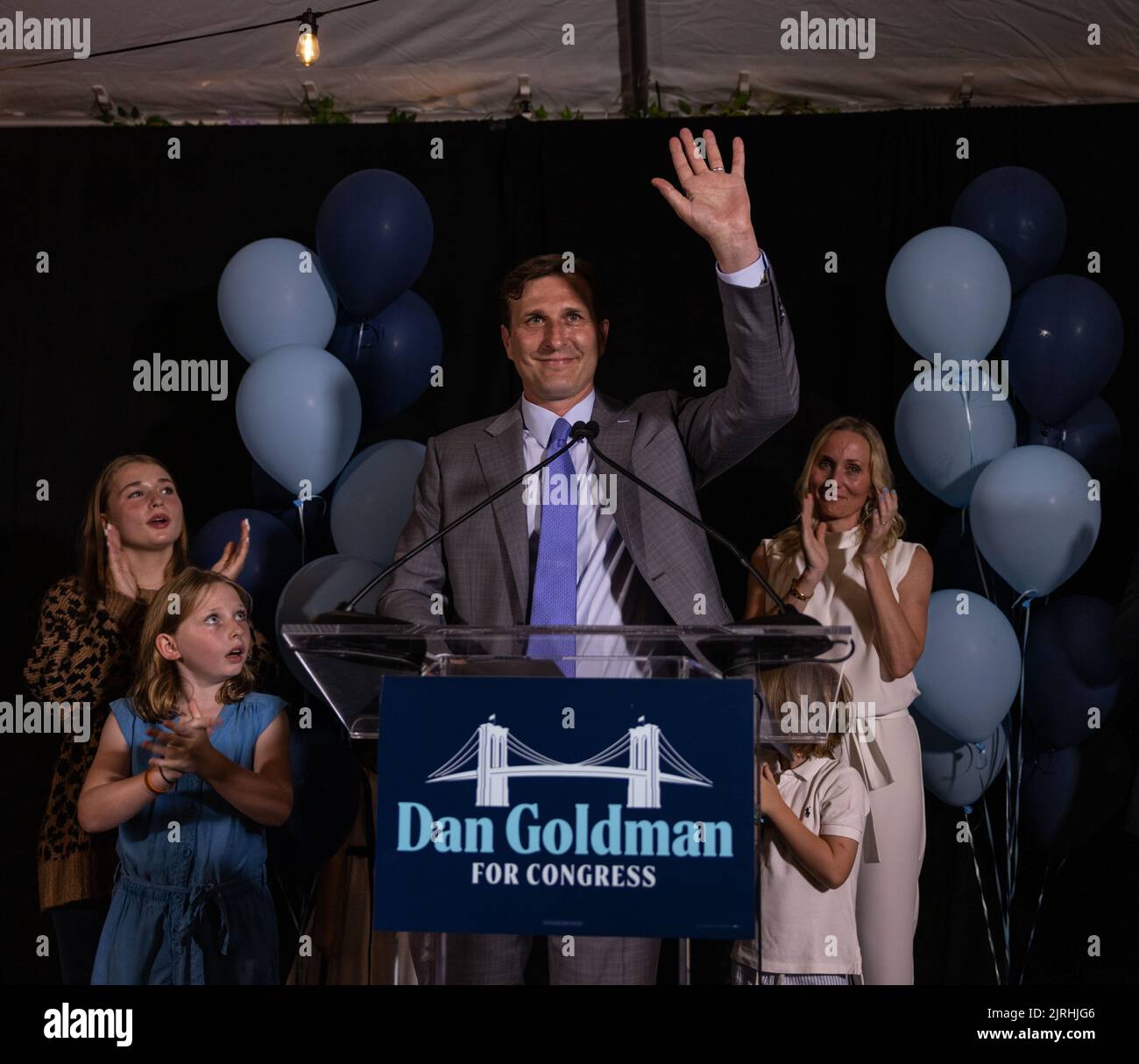 NEW YORK, N.Y. – August 23, 2022: Democratic congressional candidate Dan Goldman addresses supporters during his primary election night watch party. Stock Photo