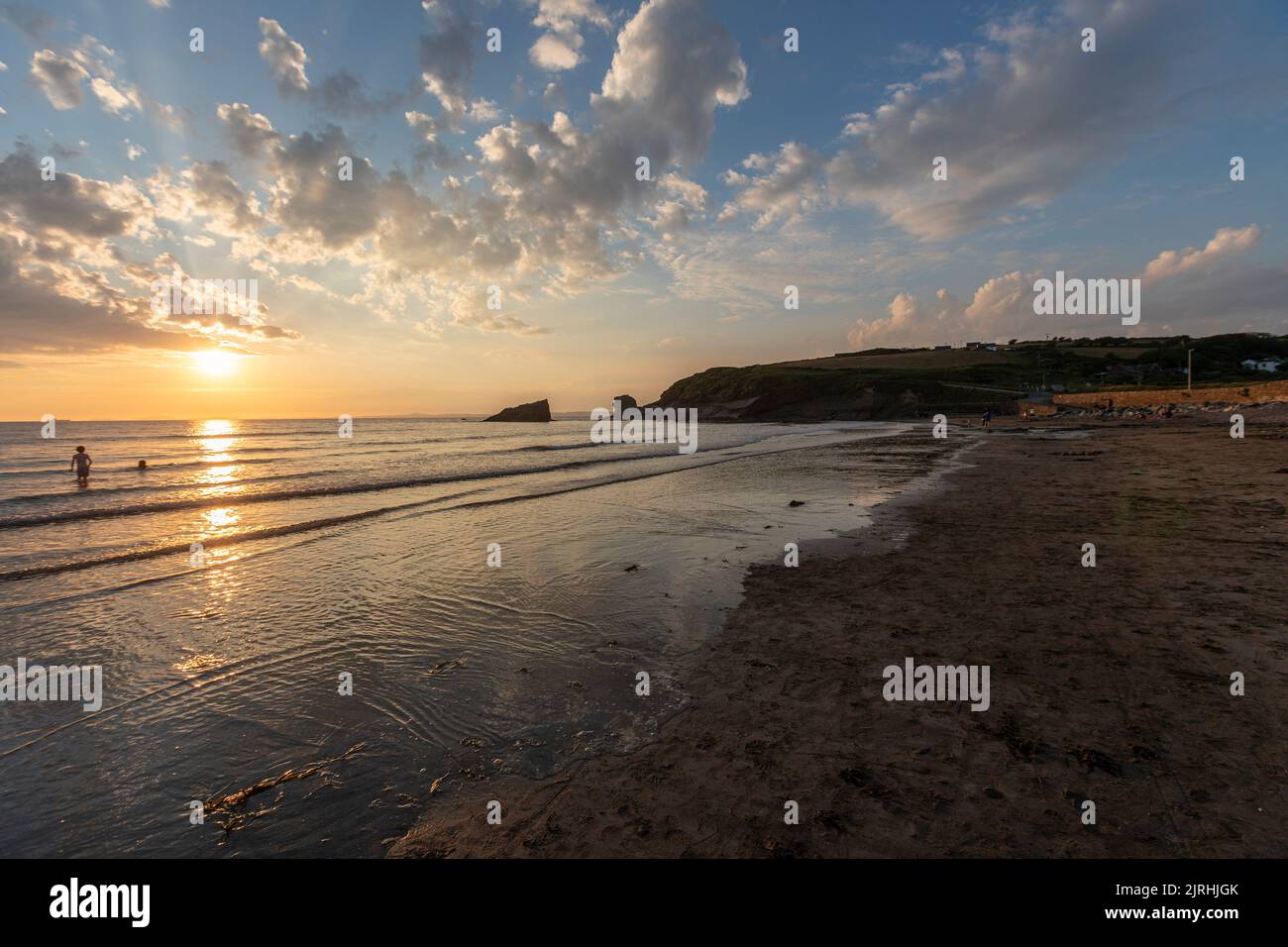 Broad Haven beach at sunset, Broad Haven, seaside resort  St Bride's Bay, Pembrokeshire, Wales, UK Stock Photo