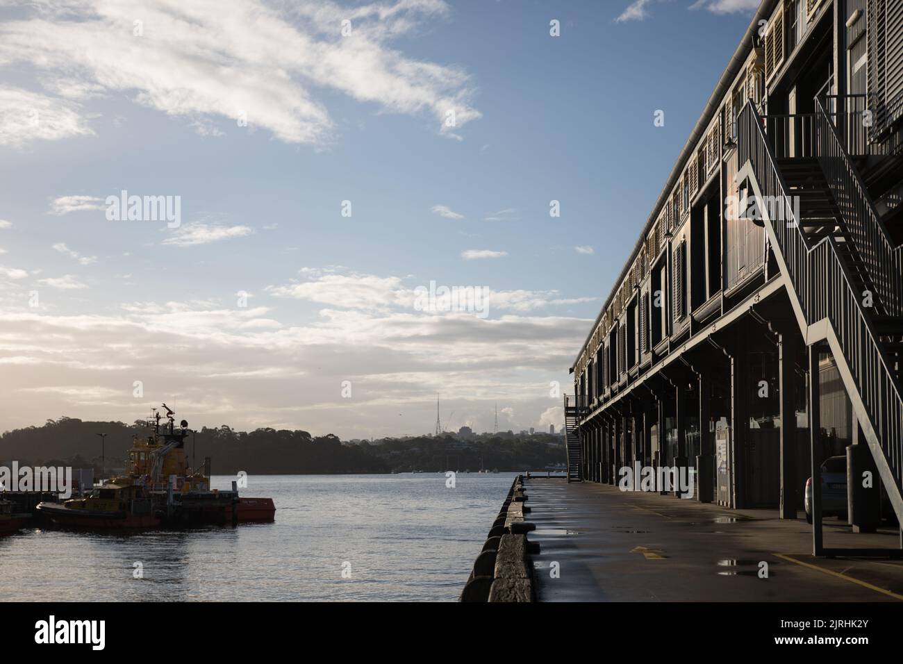 A scenic shot of the building with stairs in Walsh Bay Wharves Precinct,New South Wales, Australia Stock Photo