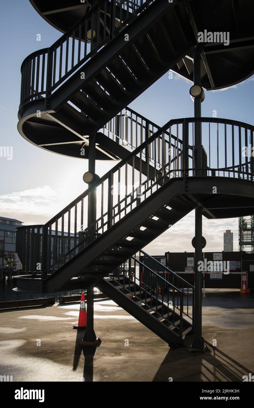 A vertical shot of metal stairs in Walsh Bay Wharves Precinct,New South Wales, Australia Stock Photo