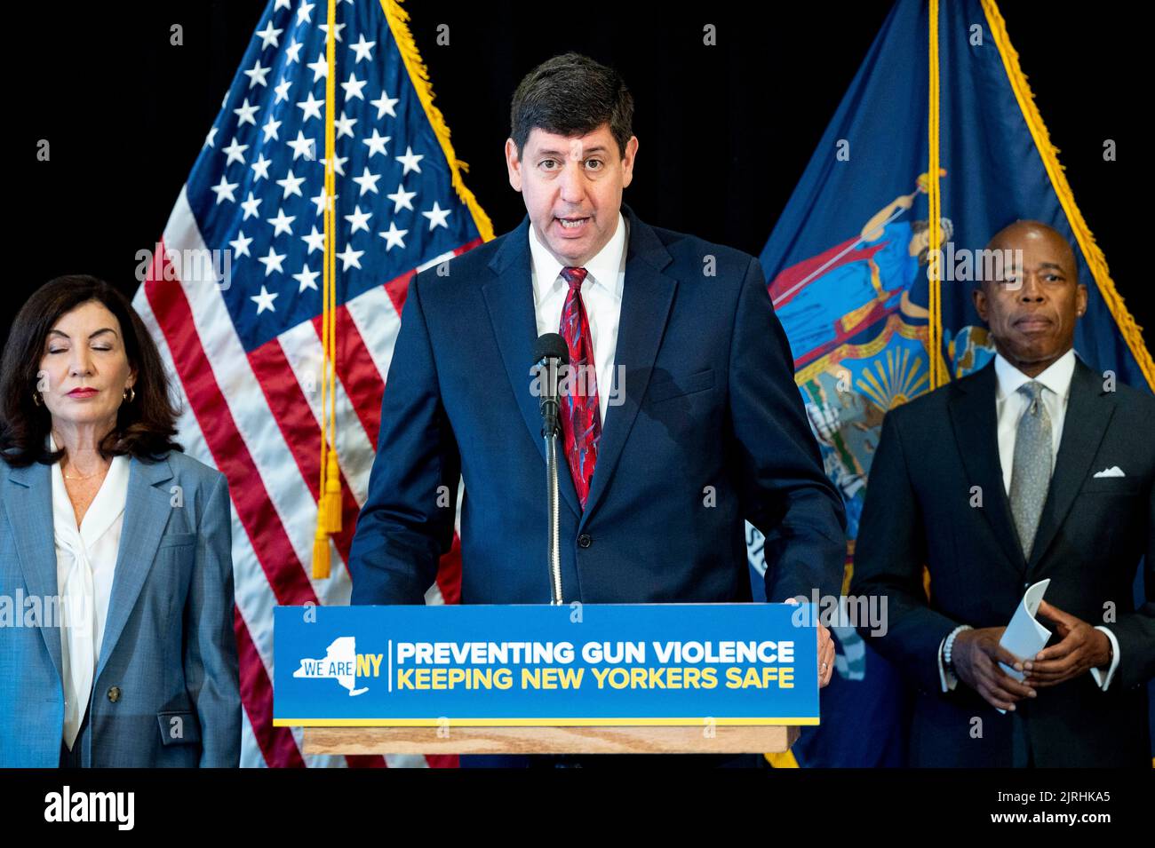 August 24, 2022, New York City, New York, United States: Bureau of Alcohol, Tobacco, Firearms and Explosives (ATF) Director STEVE DETTELBACH speaking at a meeting of the Task Force Against Illegal Guns held at the High Intensity Drug Trafficking Area (HIDTA) New York City Headquarters. (Credit Image: © Michael Brochstein/ZUMA Press Wire) Stock Photo