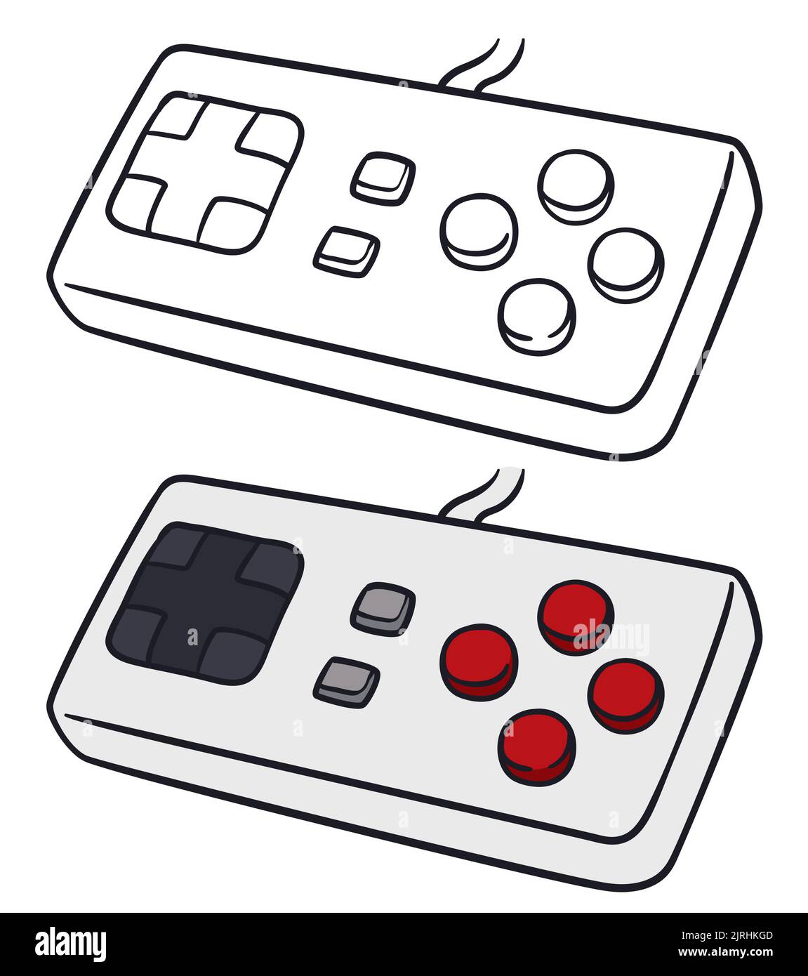 Old videogame controllers, one colorless in outline style and other in flat colors with buttons and D-pad. Stock Vector