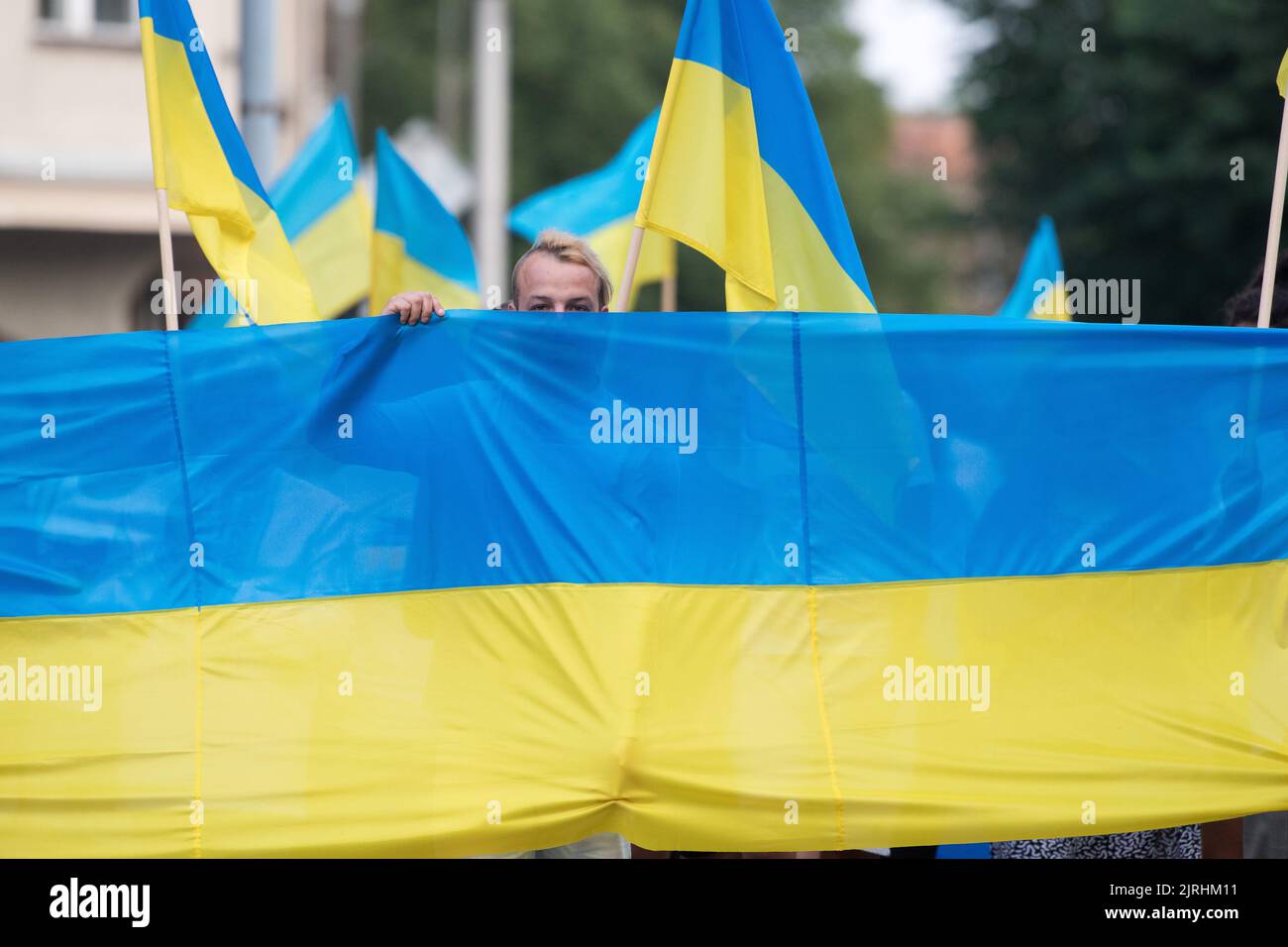Gdansk, Poland. 24th August 2022. Anti-war protest against Russian invasion on Ukraine, in six months of the war in Ukraine and Ukrainian state holiday Independence Day of Ukraine © Wojciech Strozyk / Alamy Live News Stock Photo