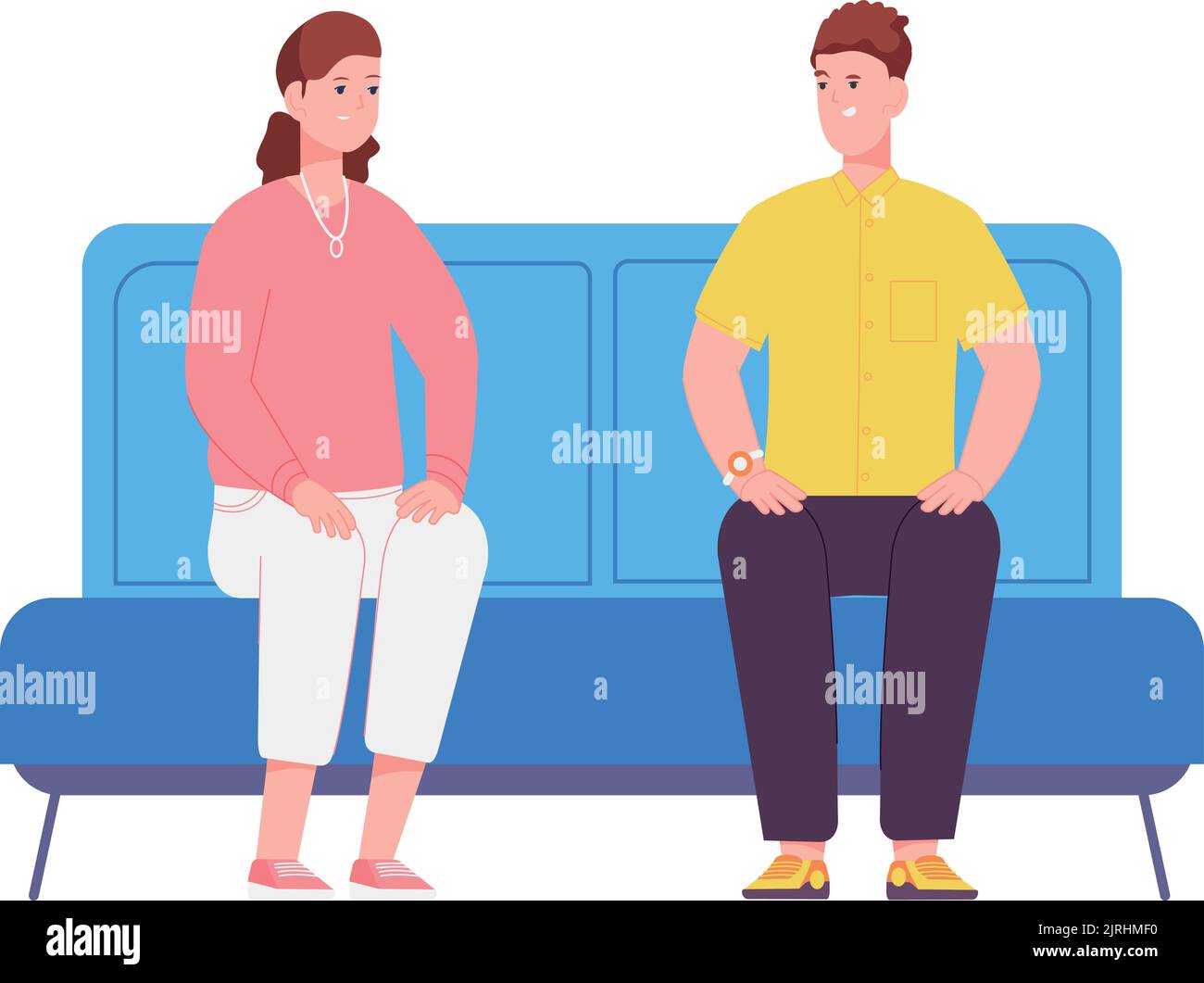 People sitting on blue sofa. Man and woman waiting isolated on white