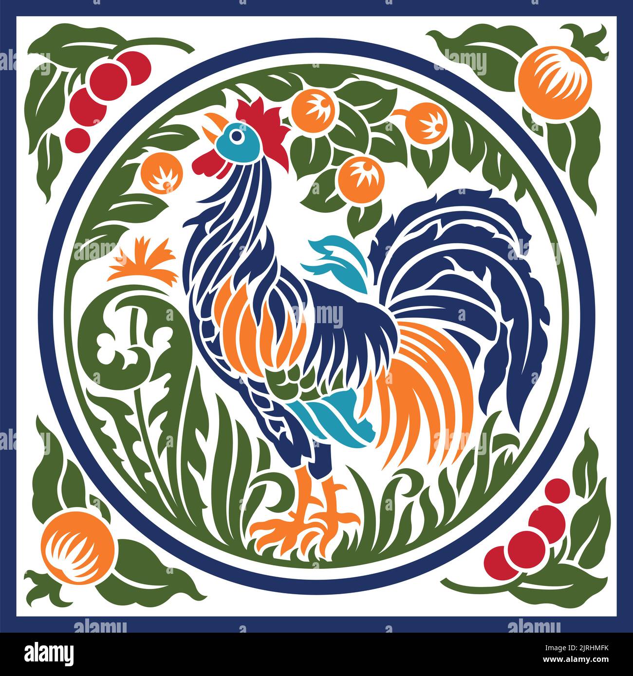 A vintage vector illustration of a crowing rooster surrounded by a garden. Stock Vector