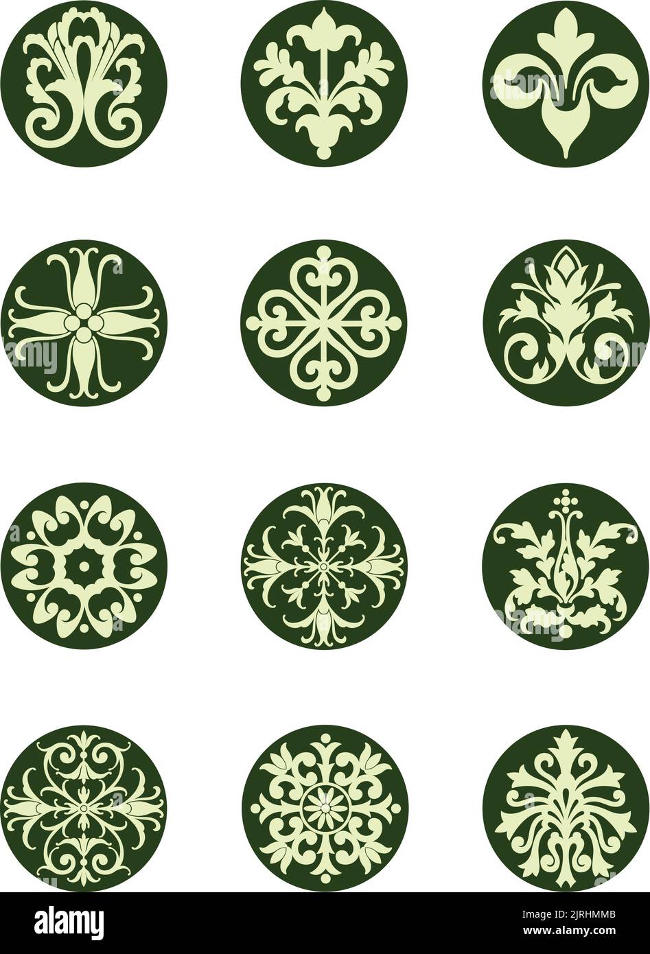 A set of vintage vector decorative round floral icons. Stock Vector