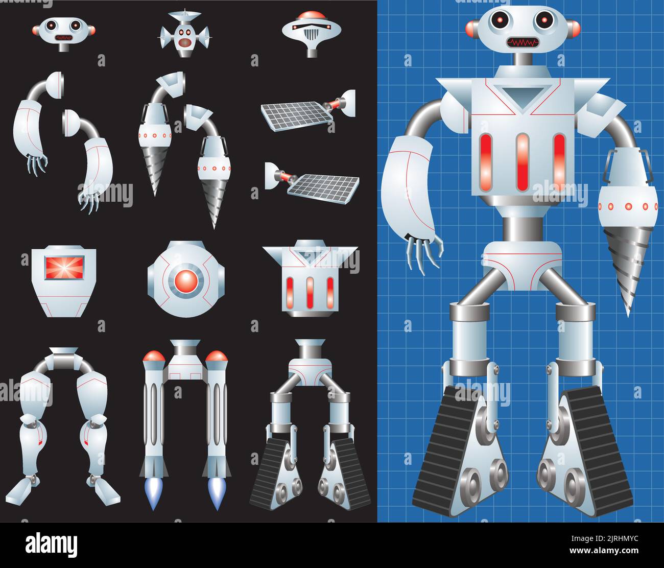 A graphic vector illustration of a series of interchangeable robot parts. Stock Vector