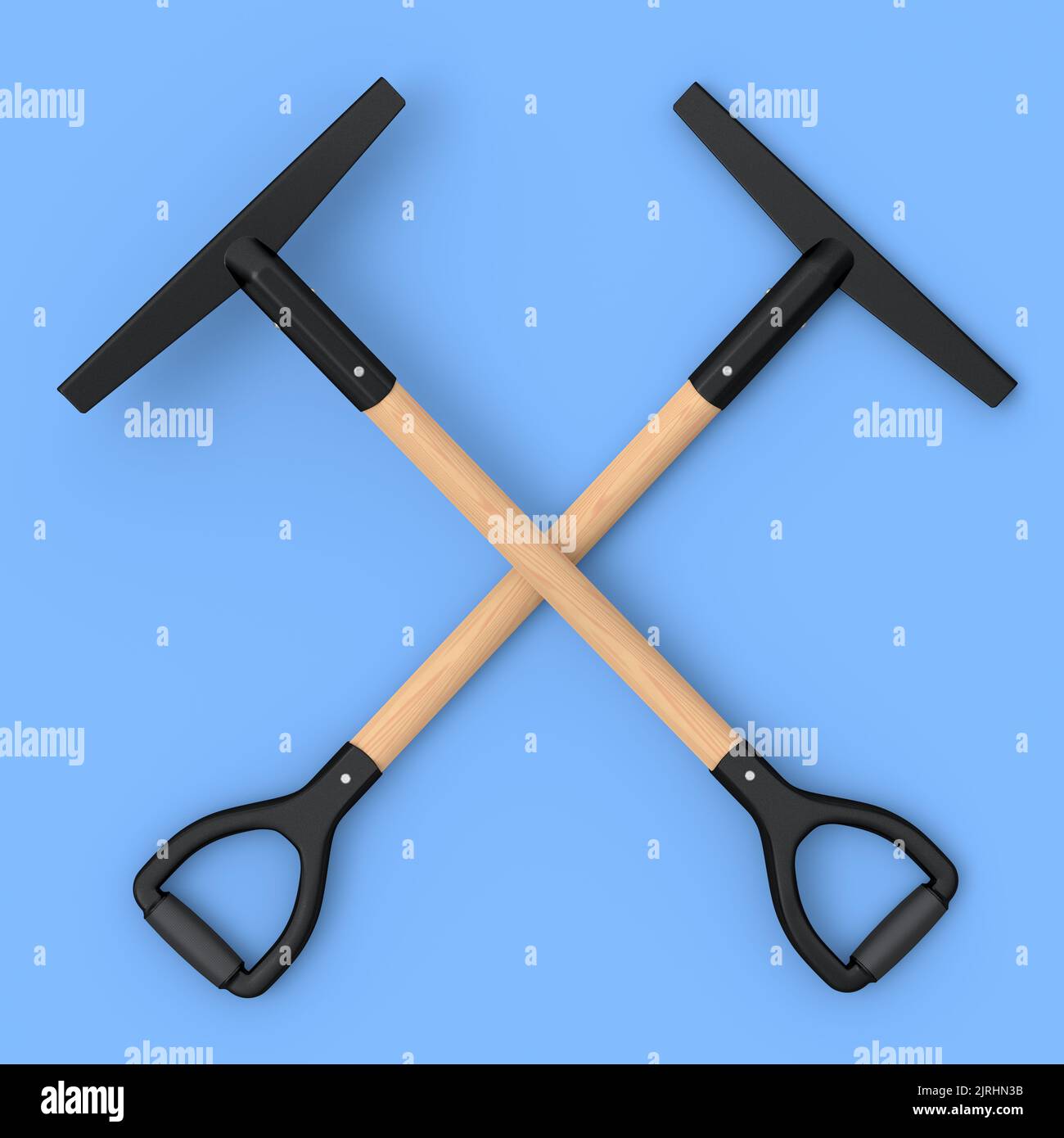 Set of crossed hoe with wooden stick for planting flowers on blue