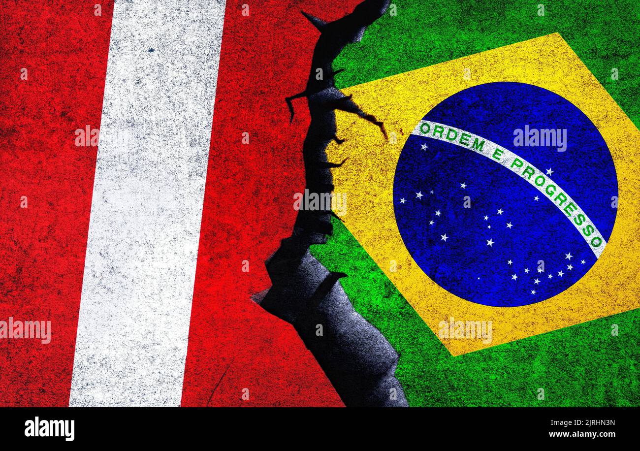 Brazil vs Peru concept flags on a wall with a crack. Peru and Brazil