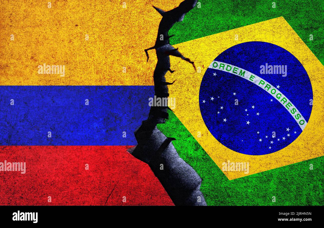 Brazil vs Colombia concept flags on a wall with a crack. Colombia and
