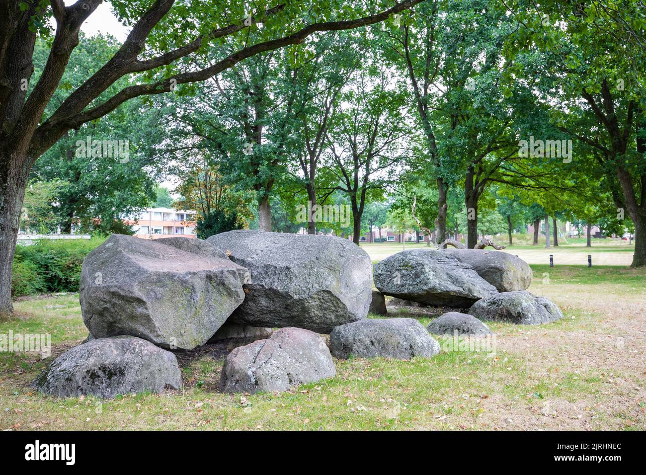 Dolmen D46, Haselackers municipality of Emmen in the Dutch province of Drenthe is a Neolithic Tomb and protected historical monument in an urban envir Stock Photo