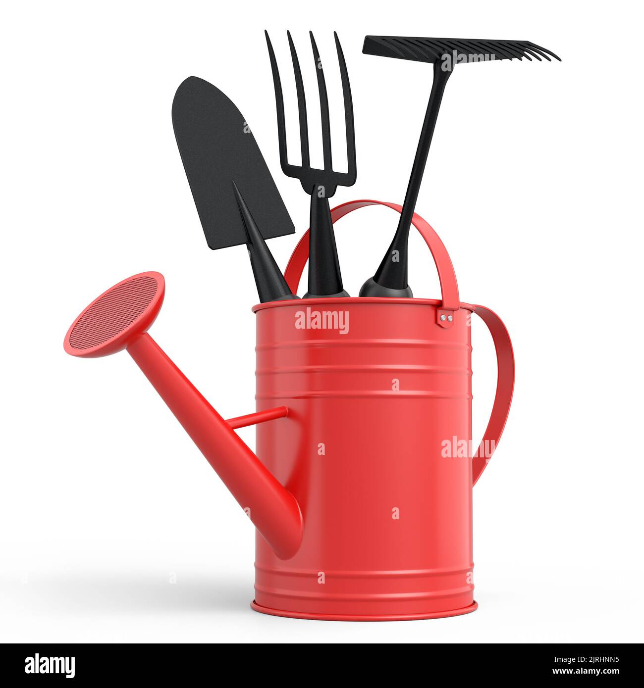 Watering can with garden tools like shovel, rake and fork on white background Stock Photo Alamy
